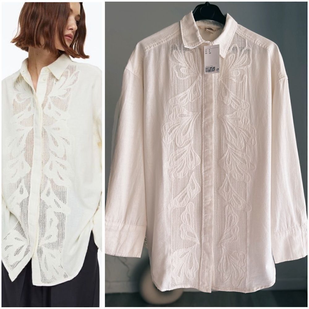 H&M Embroidered Linen Blend Shirt New
